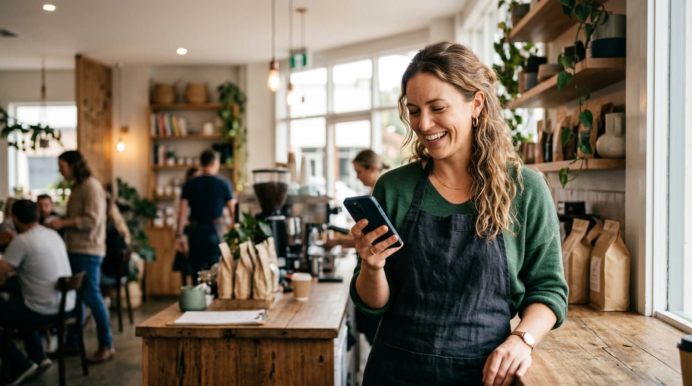 A small business owner in Australia checking a booking confirmation on her phone